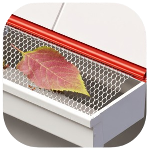 Gutter screen with a leaf resting on the mesh